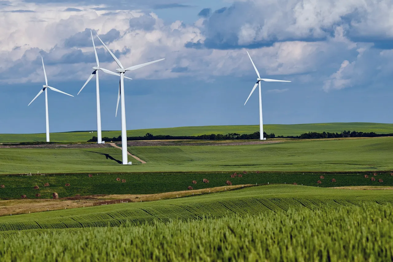 Wind turbines standing in green fields under a clouded sky